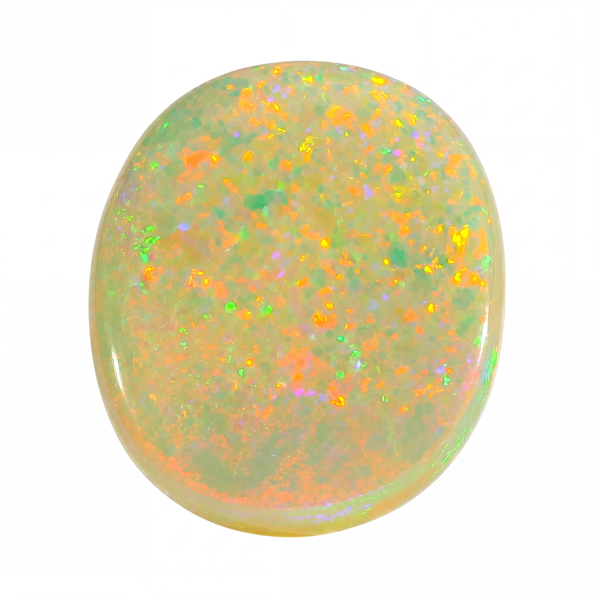 Opal stone with multicoloured speckles on a white background