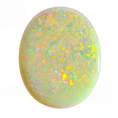 Polished opal stone with multicoloured speckles on a white background