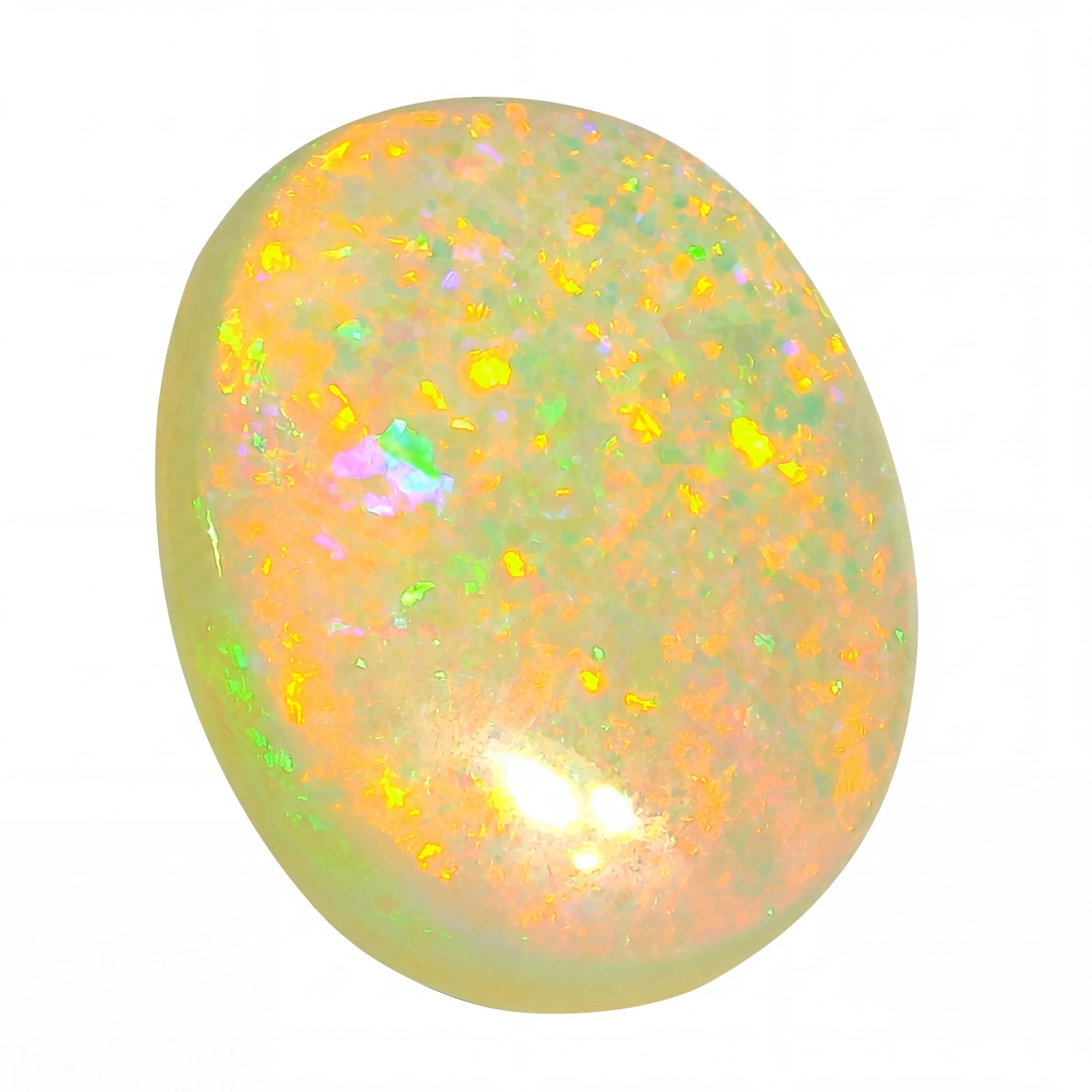 Opal stone with multicoloured speckles on a white background