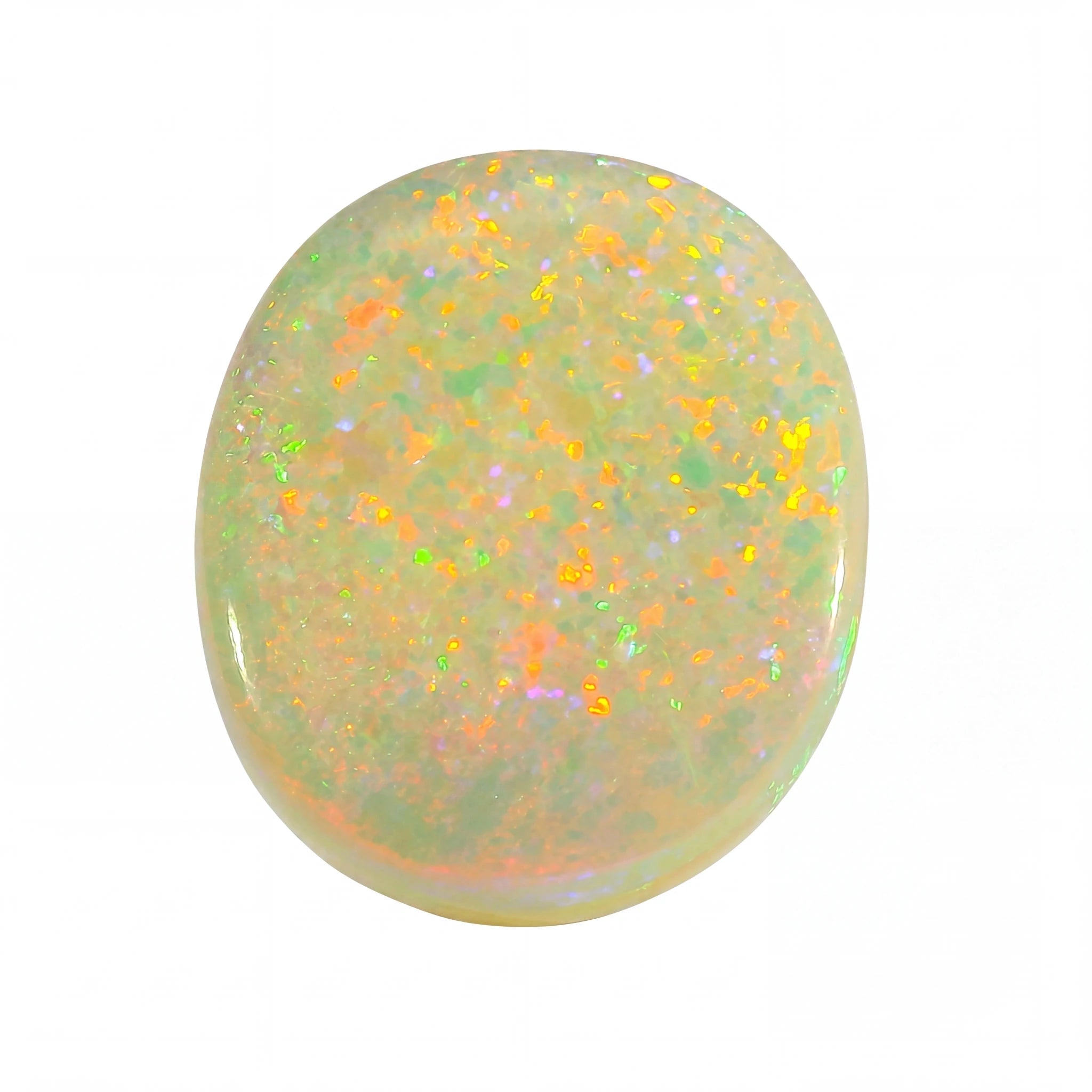 Opal stone with multicoloured speckles on a white background
