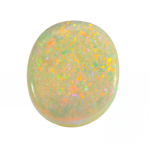 Opal stone with multicoloured speckles on a white background