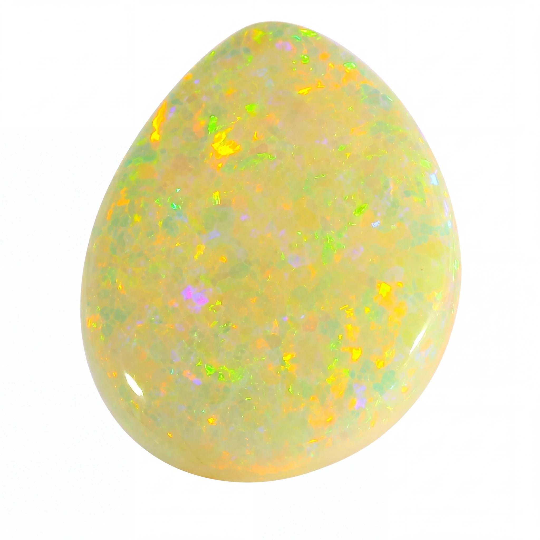 Opal stone with multicoloured speckles on a white background