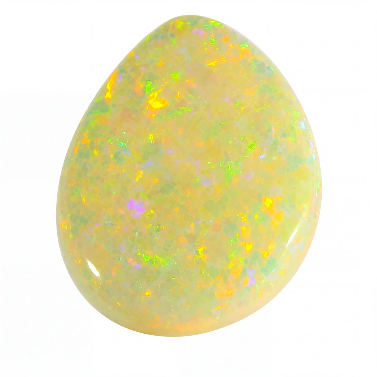 Opal stone with multicoloured speckles on a white background