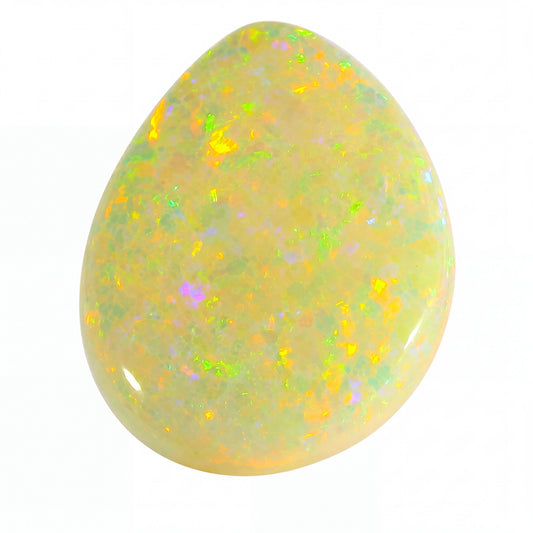 Opal stone with multicoloured speckles on a white background