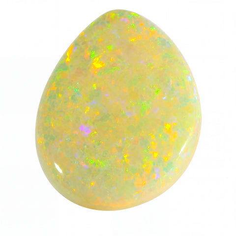 Opal stone with multicoloured speckles on a white background