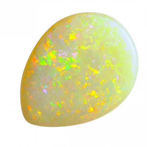 Opal stone with colourful speckles on a white background