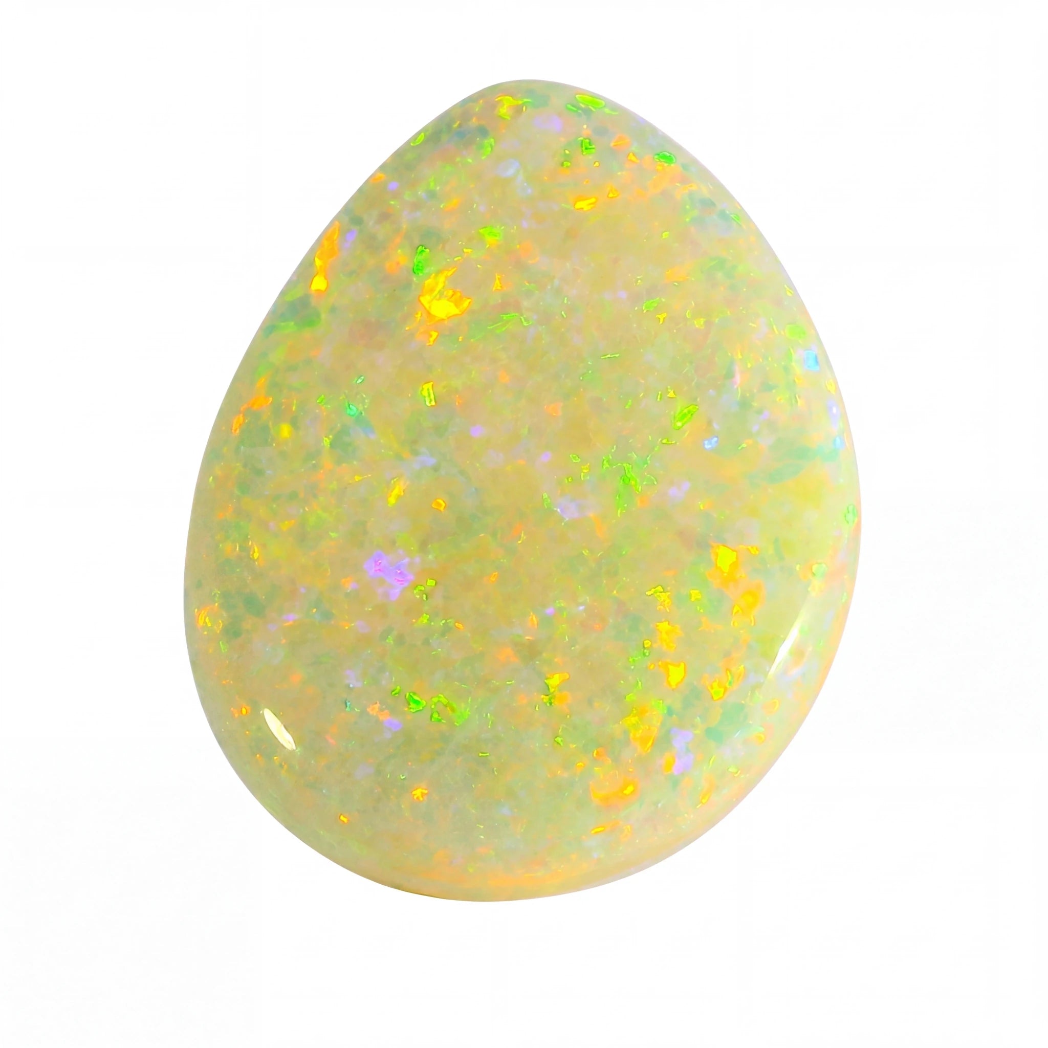 Opal stone with multicoloured speckles on a white background