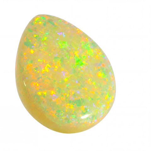 Opal stone with multicoloured play of light on a white background