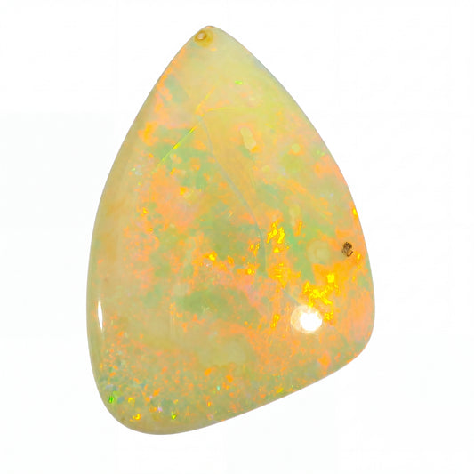 Teardrop-shaped opal stone with a vibrant play of colours on a white background