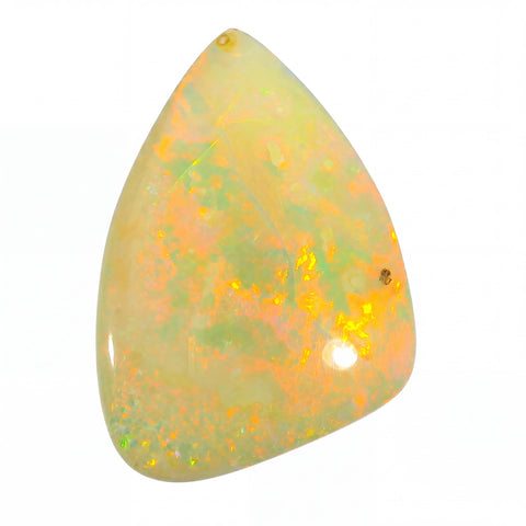 Teardrop-shaped opal stone with a vibrant play of colours on a white background
