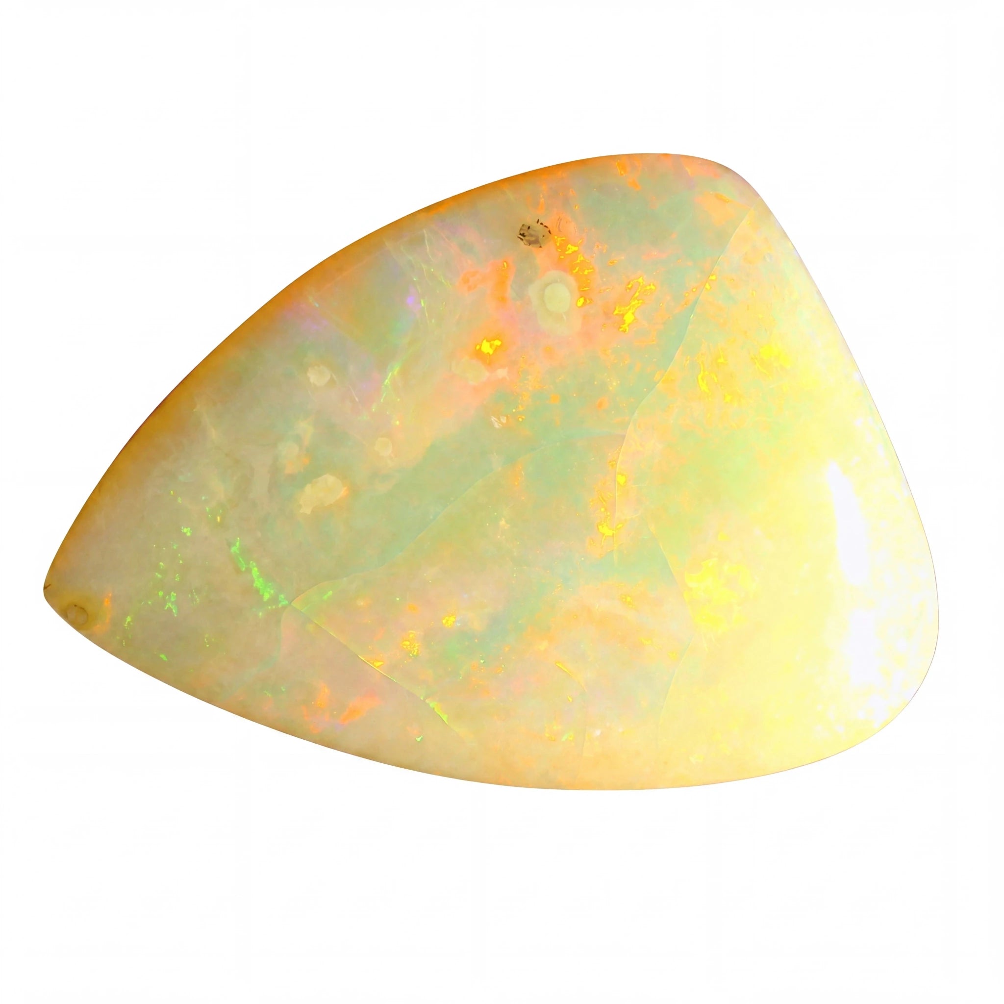 Triangular opal stone with a play of colours on a white background
