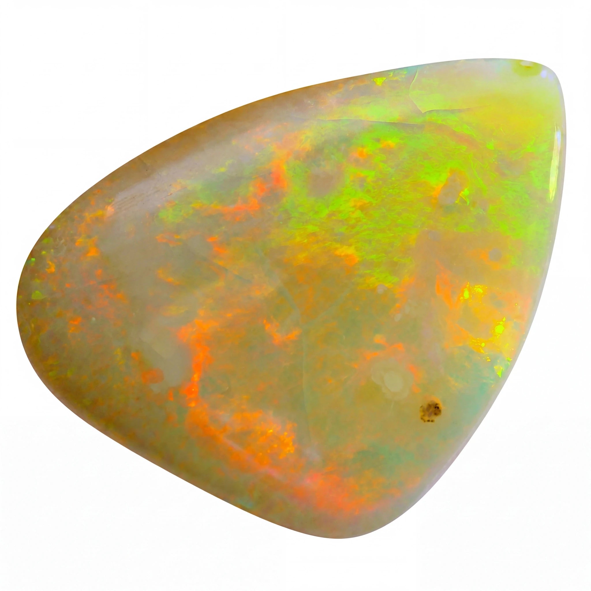 Triangular opal stone with vibrant colours on a white background