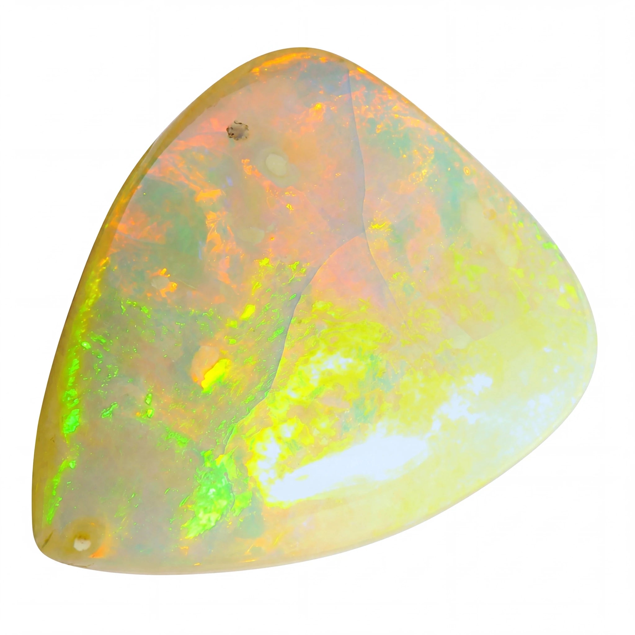 Triangular opal stone with colourful play of light on a white background