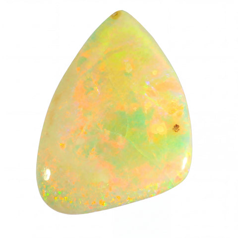 Triangular opal stone with multicolour patterns on a white background