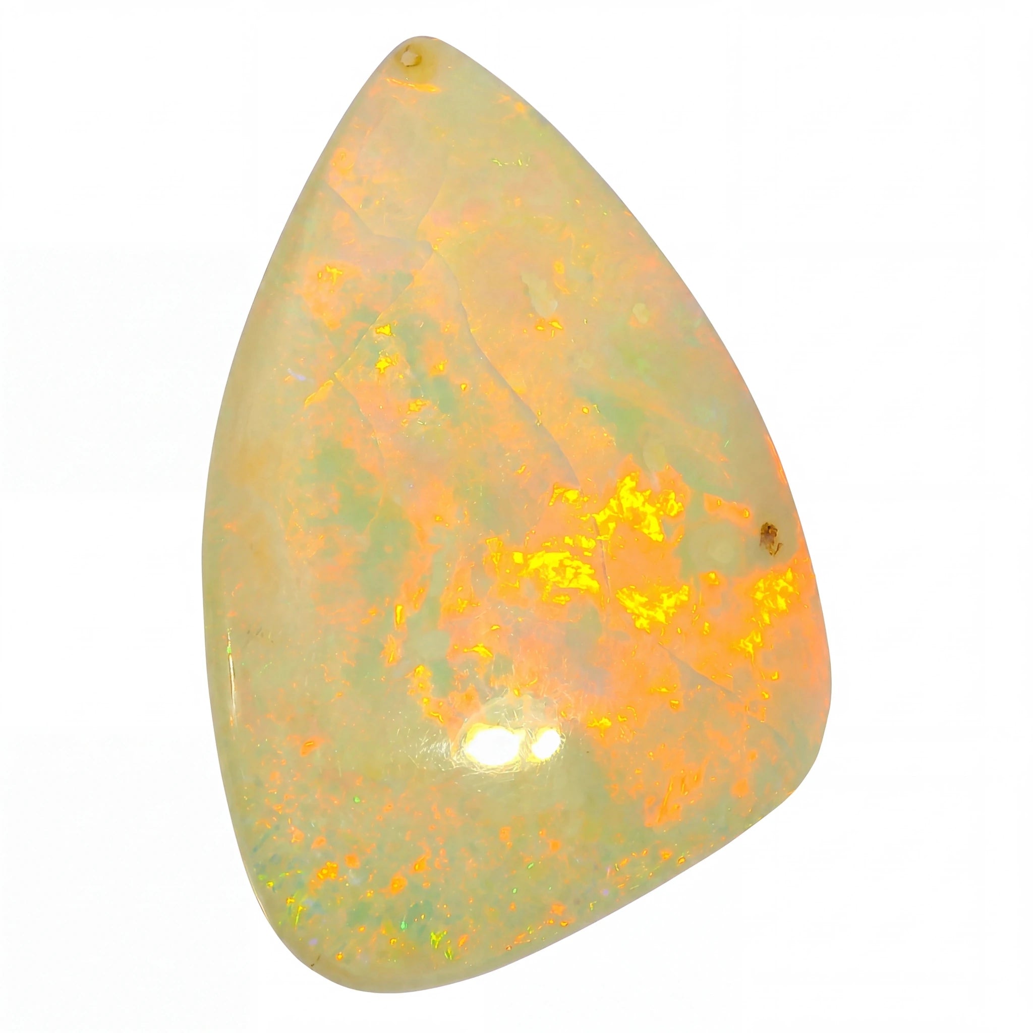 Teardrop-shaped opal stone with a vibrant play of colours on a white background
