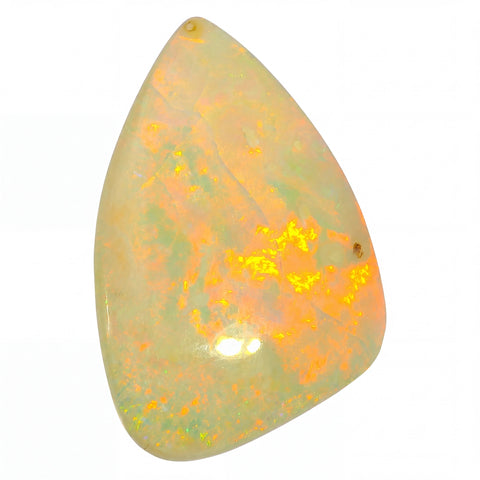 Teardrop-shaped opal stone with a vibrant play of colours on a white background