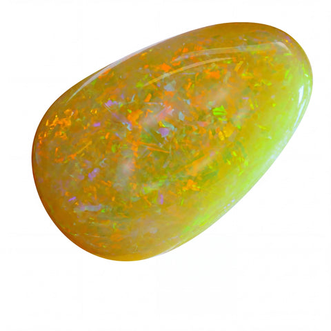 Opal stone with multicoloured play of colours on a white background