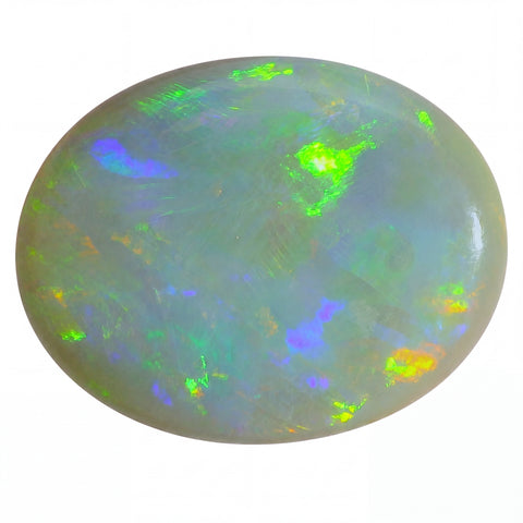 Opal stone with multicoloured fluorescence on a white background