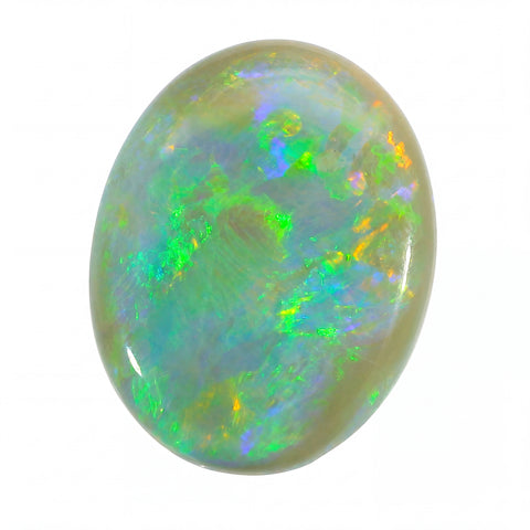 Opal stone with multicoloured play of light on a white background