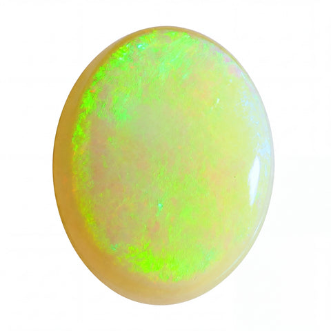 Opal stone with green and yellow hues on a white background