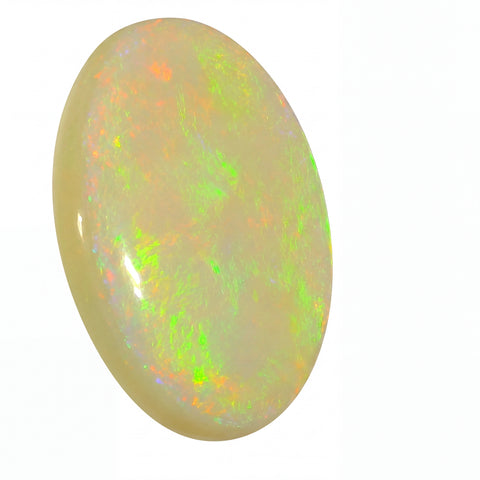 Oval-shaped opal gemstone with multicoloured play of colours on a white background