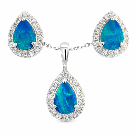 Doublet Opal Pendant and Earrings Combo Set in 925 Sterling Silver - Green and Blue