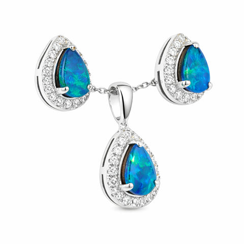 Doublet Opal Pendant and Earrings Combo Set in 925 Sterling Silver - Green and Blue