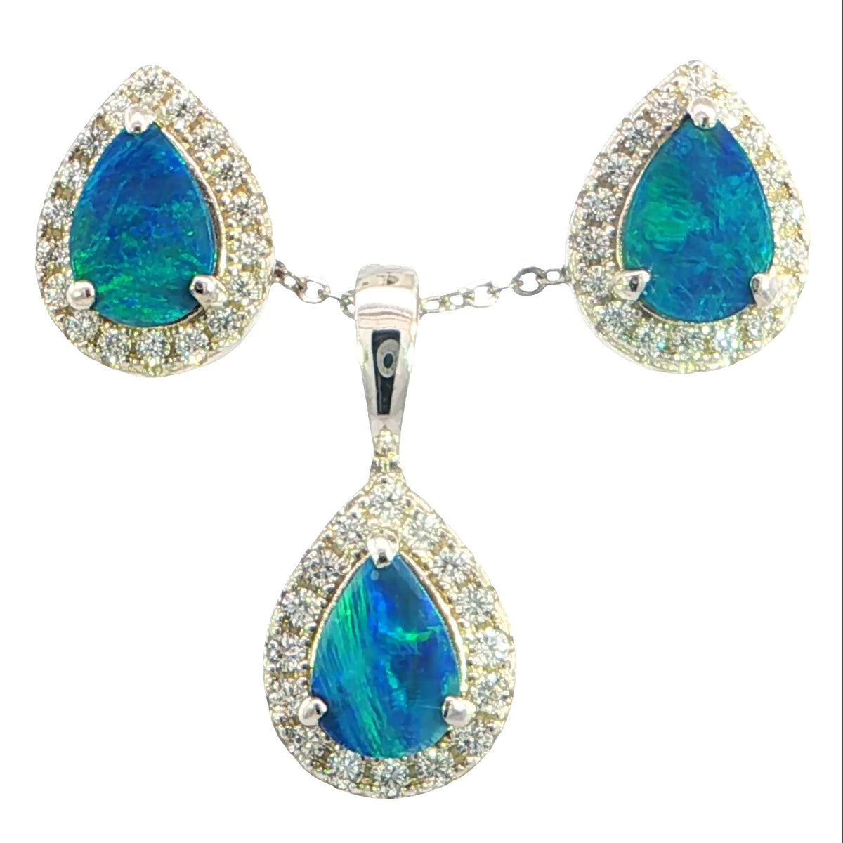 Doublet Opal Pendant and Earrings Combo Set in 925 Sterling Silver - Green and Blue