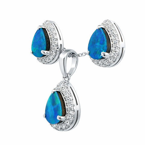 Doublet Opal Pendant and Earrings Combo Set in 925 Sterling Silver - Green and Blue