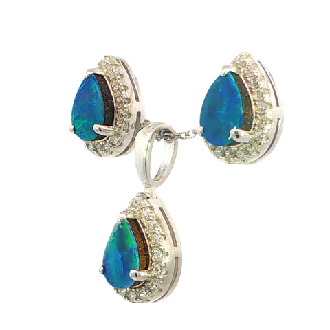 Doublet Opal Pendant and Earrings Combo Set in 925 Sterling Silver - Green and Blue