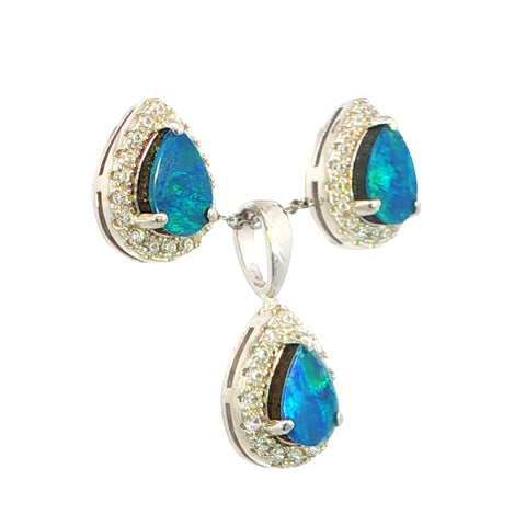 Doublet Opal Pendant and Earrings Combo Set in 925 Sterling Silver - Green and Blue