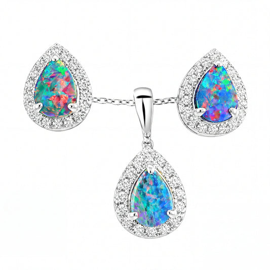 Doublet Opal Pendant and Earrings Combo Set in 925 Sterling Silver - Multicolour - Australian Opal Cutters and Pearl Divers