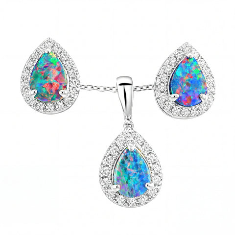 Doublet Opal Pendant and Earrings Combo Set in 925 Sterling Silver - Multicolour - Australian Opal Cutters and Pearl Divers