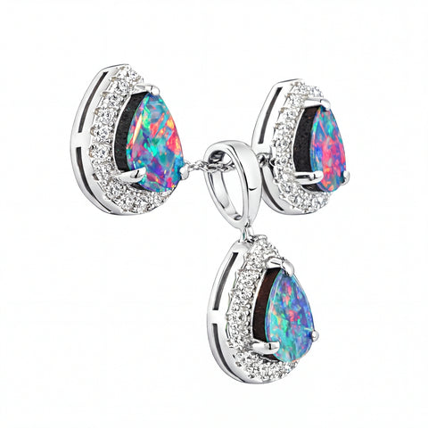 Doublet Opal Pendant and Earrings Combo Set in 925 Sterling Silver - Multicolour
