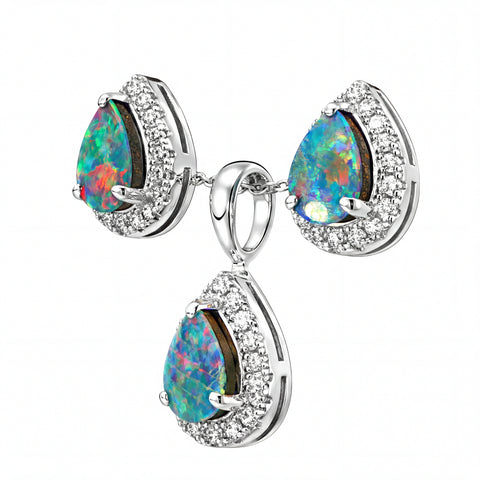 Doublet Opal Pendant and Earrings Combo Set in 925 Sterling Silver - Multicolour