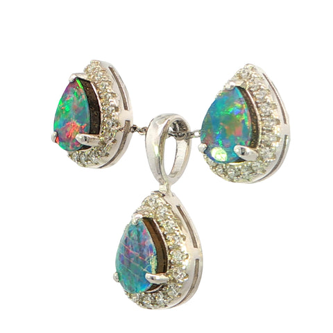 Doublet Opal Pendant and Earrings Combo Set in 925 Sterling Silver - Multicolour