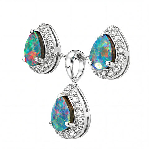 Doublet Opal Pendant and Earrings Combo Set in 925 Sterling Silver - Multicolour - Australian Opal Cutters and Pearl Divers