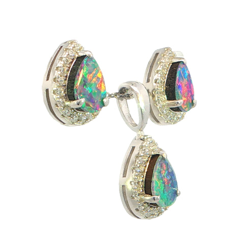Doublet Opal Pendant and Earrings Combo Set in 925 Sterling Silver - Multicolour