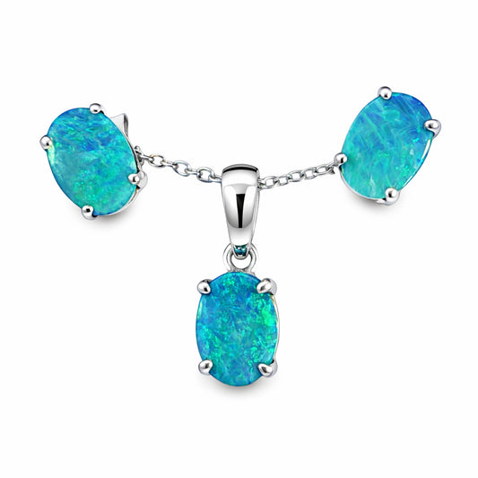 Doublet Opal Pendant and Earrings Combo Set in 925 Sterling Silver - Green and Blue