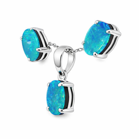 Doublet Opal Pendant and Earrings Combo Set in 925 Sterling Silver - Green and Blue