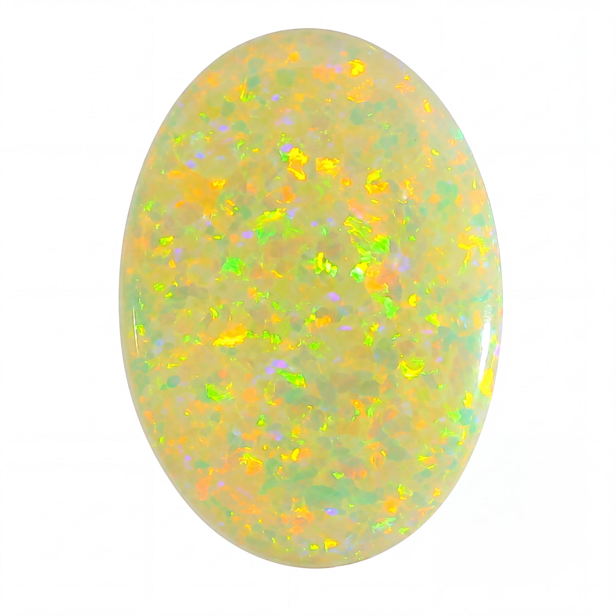 Oval-shaped opal gemstone with multicoloured speckles on a white background
