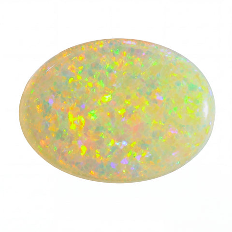 Opal stone with multicoloured speckles on a white background