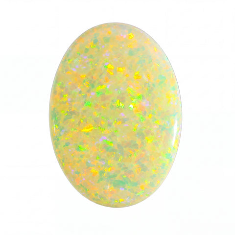 Opal stone with multicoloured flakies on a white background