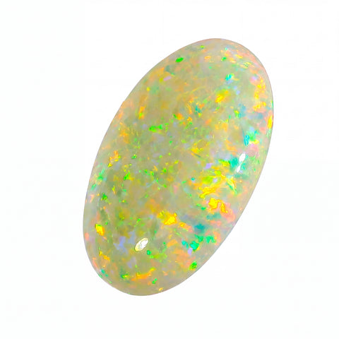 Opal stone with multicoloured speckles on a white background