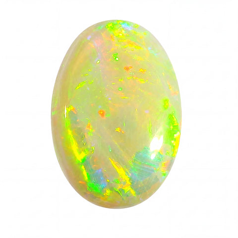 Opal stone with multicoloured play of light on a white background