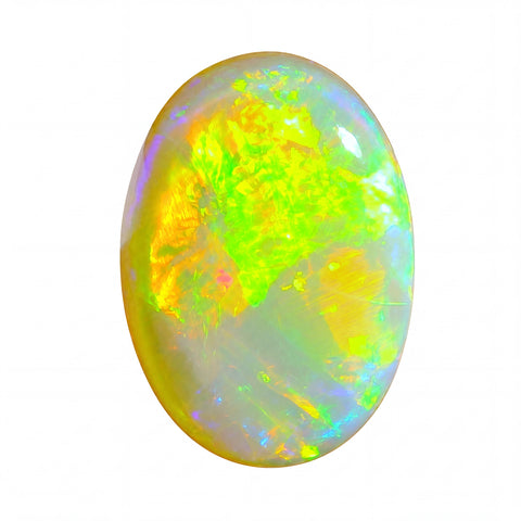 Oval-shaped opal gemstone with vibrant colours on a white background