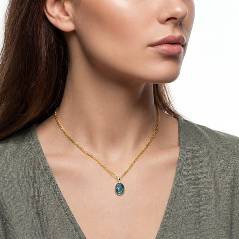 Close-up of a woman wearing a gold necklace with a pendant on a white background
