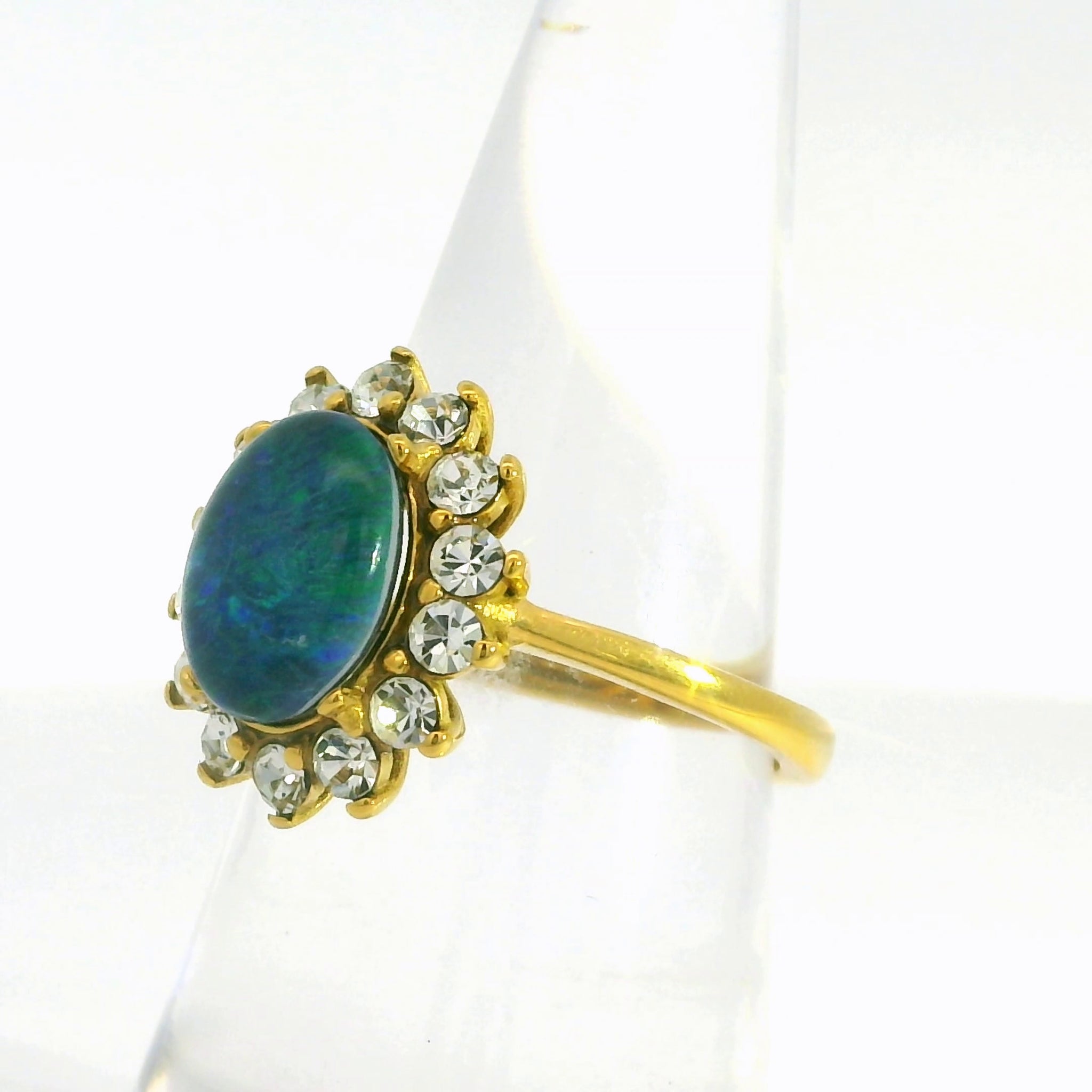 Triplet Opal Ring set in Gold Plated Stainless Steel - Blue-Green