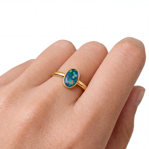 Triplet Opal Ring in Gold Plated Stainless Steel - Multicolour