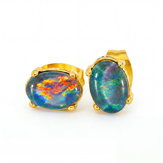 Triplet Opal Earring set in Gold Plated Stainless Steel - Multicolour - Australian Opal Cutters and Pearl Divers
